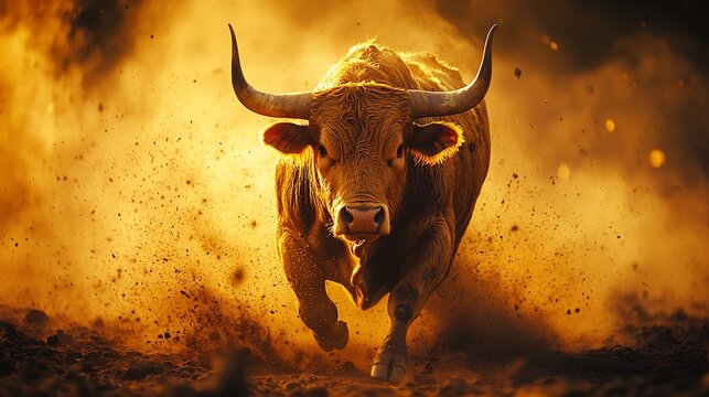 Powerful bull charging through dusty arena muscle tense horn sharp kick up dirt cloud behind shot capture bull motion dirt debris suspended midair around hoof warm glow of sunset cast dramatic shadow