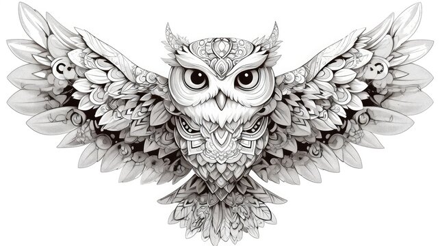 Zentangle style owl illustration filled with decorative patterns designed for adult coloring book pages and stress relief ink drawing