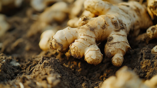 a close-up of freshly picked ginger root, its knobby surface still encrusted with dark, rich soil