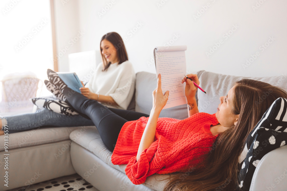 Wall mural Two young women studying at home