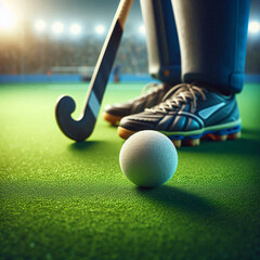A field hockey stick and ball on turf at dusk. Generative AI.