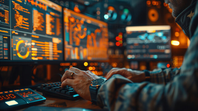 male hands typing on computer keyboard at night in front of multiple monitors - Powered by Adobe