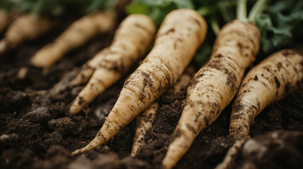 a detailed shot of freshly harvested parsnips, their pale roots still covered in clumps of dark, moist soil