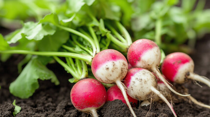 a detailed view of a bunch of freshly picked radishes, their red and white bulbs still coated with damp, rich soil