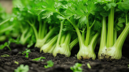 Obraz premium a detailed view of freshly harvested celery stalks, with their green leaves and roots still carrying some dark, wet soil