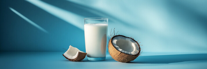 a frothy glass of coconut milk with a cracked coconut against an isolated pastel blue background