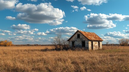 Fototapeta premium Old abandoned house in a dry grassy field under a bright blue sky
