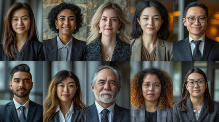 Fototapeta premium Collage of portraits of an ethnically diverse and mixed age group of focused business professionals. Generative AI