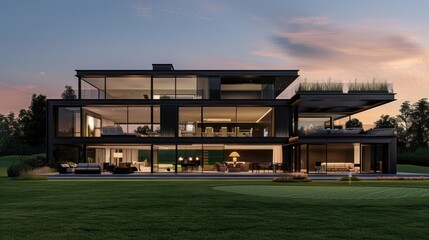 Fototapeta premium Modern Luxury Residence with a Lush Green Lawn