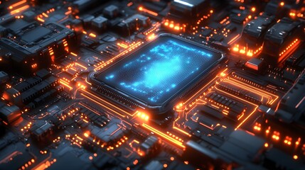 Obraz premium Close-up view of intricate beryllium copper circuitry, glowing blue holographic overlay, inside a futuristic medical device, cyberpunk style, high detail, digital painting