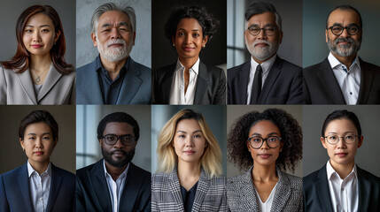 Collage of portraits of an ethnically diverse and mixed age group of focused business professionals. Generative AI