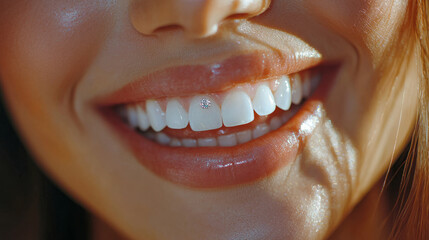 Close-up of smiling woman with a tooth gem on front tooth