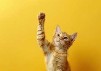 Cute orange cat with raised paw on a bright yellow background, showcasing playful and curious...