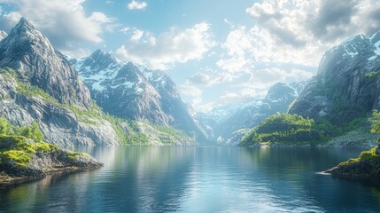 Obraz premium Scenic view of a peaceful fjord surrounded by towering mountains and calm water