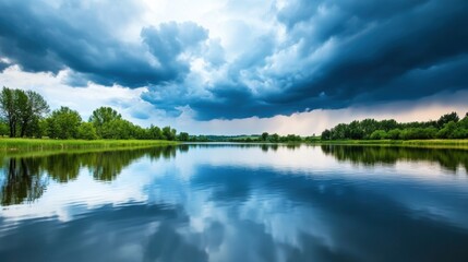 Serene Lakeside Landscape with Dramatic Cloudy Sky Reflecting in Calm Waters