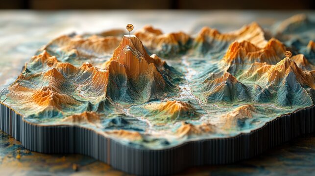 3D topographic model showcasing mountainous terrain and peaks.