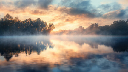 Fototapeta premium A tranquil lake at sunrise, with soft morning light reflecting off the calm water and mist gently rising from the surface.