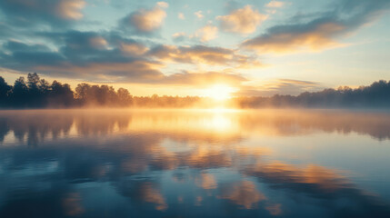 Naklejka premium A tranquil lake at sunrise, with soft morning light reflecting off the calm water and mist gently rising from the surface.