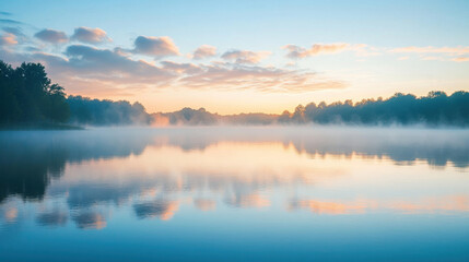 Fototapeta premium A tranquil lake at sunrise, with soft morning light reflecting off the calm water and mist gently rising from the surface.