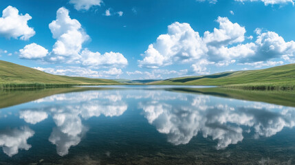 Fototapeta premium A wide-angle view of a lake surrounded by rolling hills, with fluffy clouds reflected in the glassy surface.