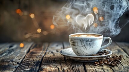 Obraz premium Coffee cup with heart steam.