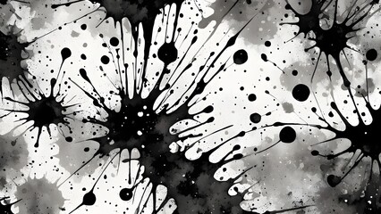 Abstract black and white splattered pattern with different sized ink blots and drops.