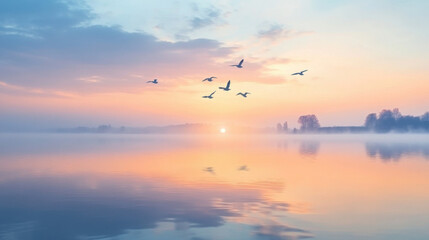 Obraz premium A peaceful lake at dawn, with a flock of birds flying over the water as the first light of day breaks the horizon.