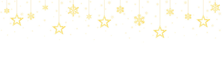 Christmas gold decoration. Festive border with hanging snowflakes. Bright winter frame with glitter effect. Golden garland on white background. Vector illustration.