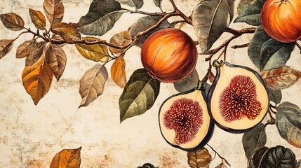Closeup of vintage botanical illustrations featuring fall fruits like figs and persimmons, with faded ink and weathered paper texture, vintage botanical, autumn fruits