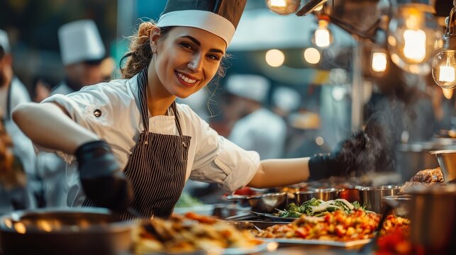 International culinary festival with chefs from various countries showcasing traditional dishes in a vibrant marketplace, global cuisine, cultural exchange