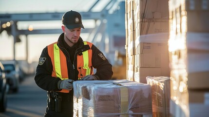 Customs officer inspecting cargo at a border checkpoint, Border Control, security in international trade and the importexport industry