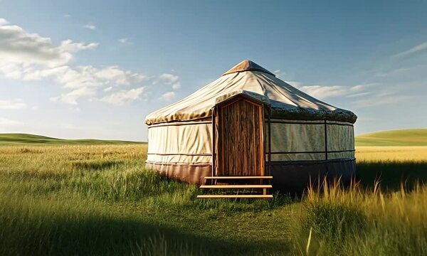 Yurt on open grassland under clear sky with ai generated.
