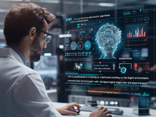 Man Staring at an AI Screen in a High-Tech Environment