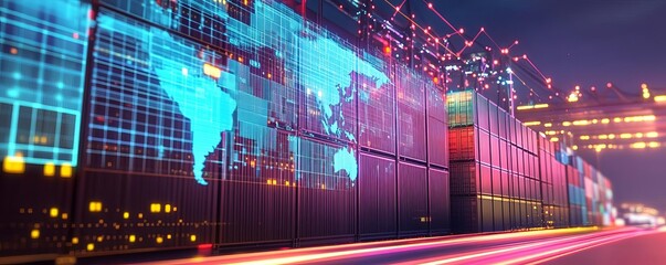 Quantum computers analyzing global trade data with a digital interface, Trade Analytics, nextgen computing for optimizing importexport strategies