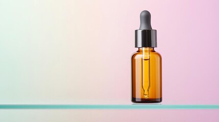 Fototapeta premium Highend serum bottle with a dropper positioned on a glass shelf, against a blurred pastel background, ample copy space above