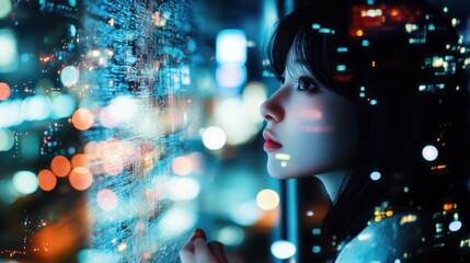 Woman Looking Out Window at City Lights