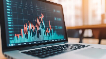 Closeup of financial growth charts on a laptop screen with a contemporary workspace in the background, emphasizing productivity
