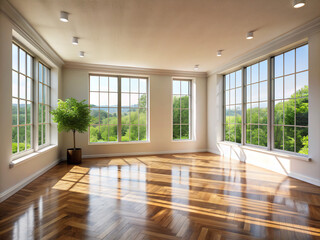 Obraz premium interior modern houseinterior, room, window, empty, home, house, floor, architecture, apartment, design, nobody, new, space, view, indoor, wall, windows, living room, parquet, wooden, wood, style, liv