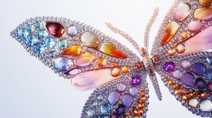Fototapeta premium Vibrant close-up of a butterfly with wings detailed in luxurious jewelry and diamonds, creating an abstract, shimmering effect on a white background