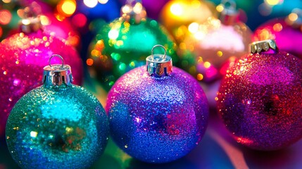 Fototapeta premium Colorful and glittery Christmas ornaments creating a festive and vibrant holiday atmosphere.