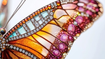 Obraz premium Vibrant close-up of butterfly wings decorated with shimmering diamonds and intricate jewelry, creating an abstract design on a white background