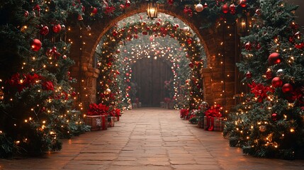Fototapeta premium Festive Christmas Archway with Lights and Decorations