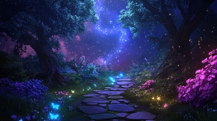 Fototapeta premium Magical forest pathway under starry night sky, glowing flowers and butterflies, fantasy scenery.