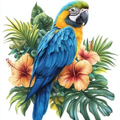 Obraz premium Colorful macaw parrot perched on a branch surrounded by tropical leaves and flowers