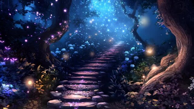 Magical forest path night glowing trees butterflies sparkles mystical fairy tale atmosphere