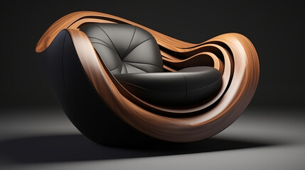 Obraz premium Modern Wooden Armchair with Black Leather Upholstery