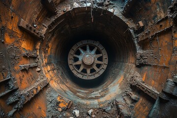 Obraz premium Rusty Industrial Wheel Inside Tunnel