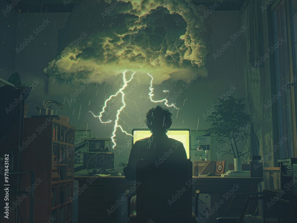 Wall mural rear view of a man sitting at a computer. thunderstorm overhead.