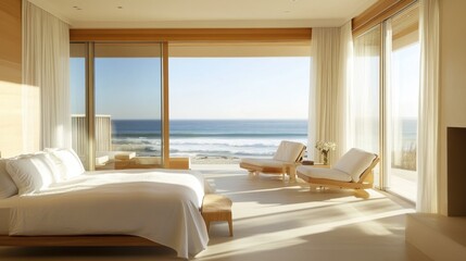 Fototapeta premium Bright minimalist beachfront room with sleek furniture light wood elements and a large window offering direct views of the ocean