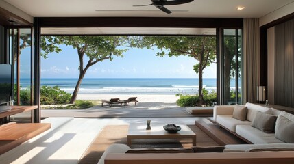 Modern beachfront room with a minimalistic approach to design featuring an open floor plan and large glass doors leading to a serene beach view